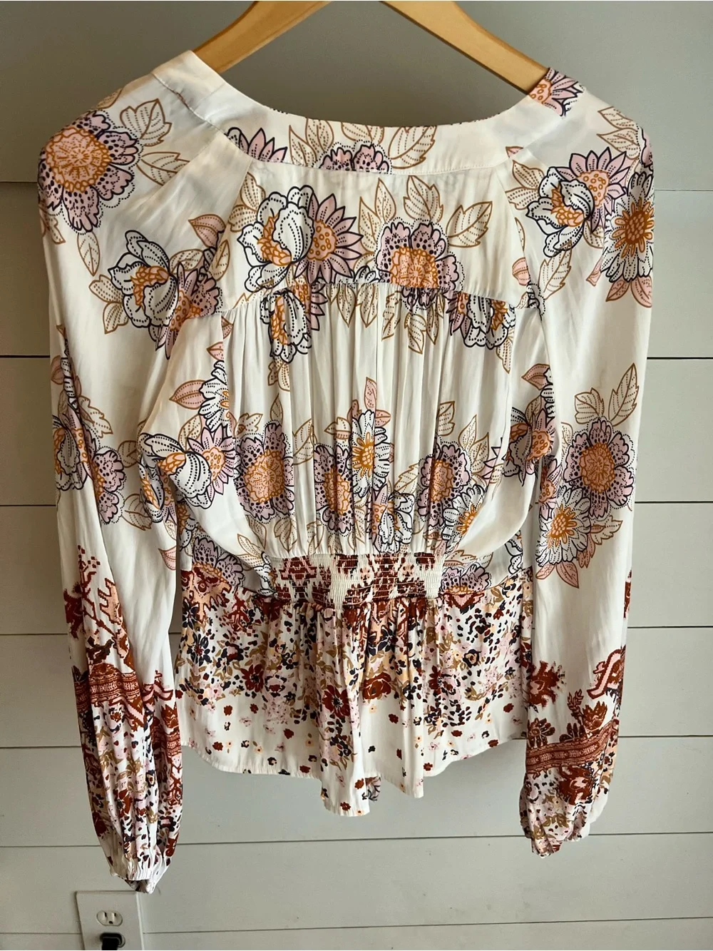 Free People Boho “Run Free” Floral Blouse - White with Orange & Lavender Size S